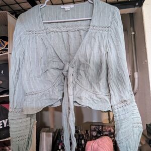 American Eagle Outfitters Green Ruched Tie Front Crop Sweater